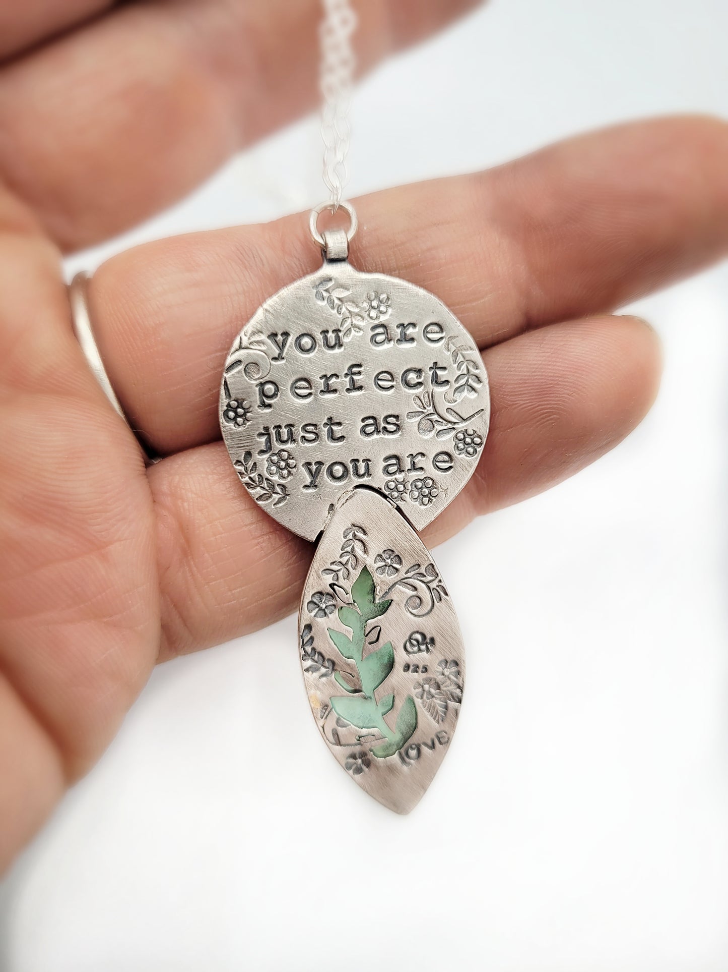 Botanical Blue "Perfect just as you are" quote necklace