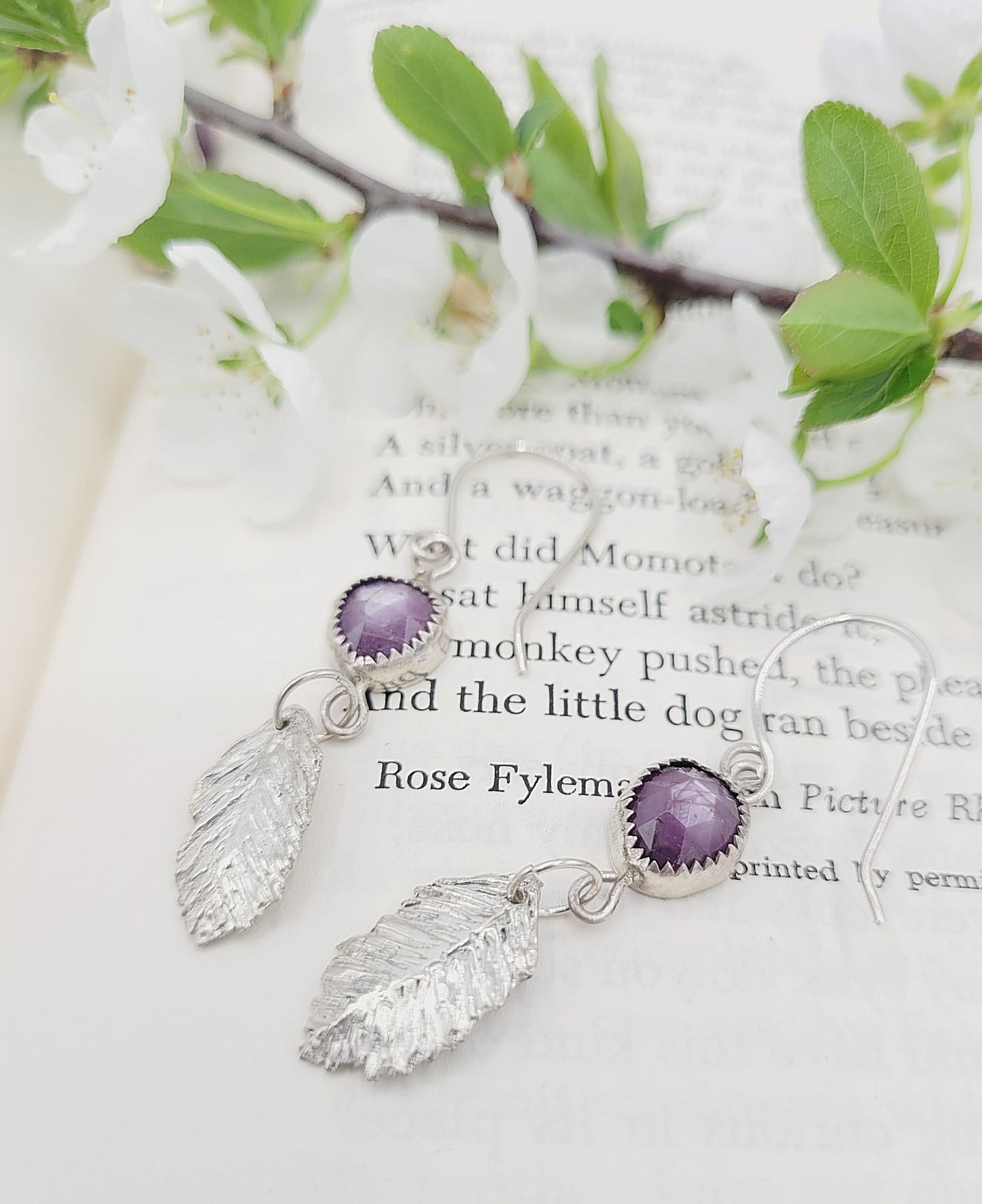 Sculpted Silver Feather Earrings - Pink Sapphires