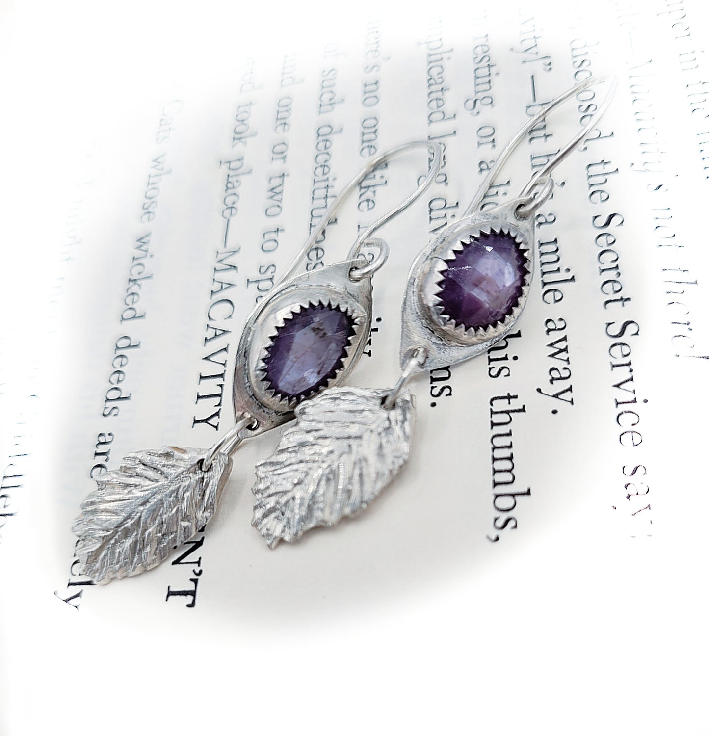 Sculpted Silver Feather Earrings - Pink Sapphires