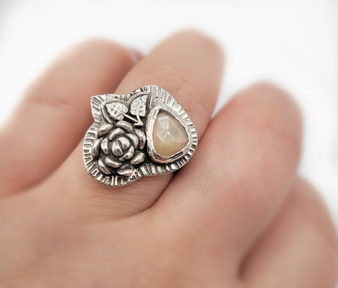 Peach Moonstone Blossom Ring
