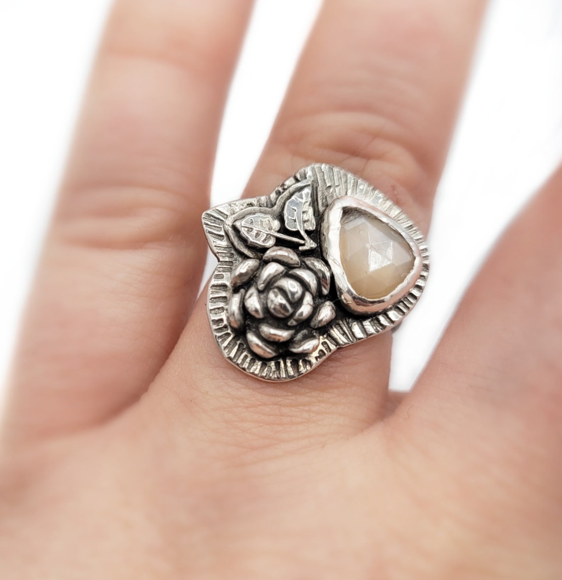 Peach Moonstone Blossom Ring