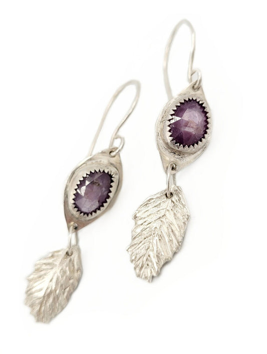 Sculpted Silver Feather Earrings - Pink Sapphires