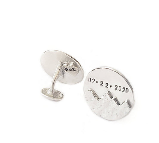 Custom Date and Initials -Cuff links - Mountain Range - Sterling Silver