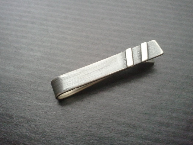 1.5 i n c h t i e b a r - retro stripes - Clip for neckties - Contrasting Sterling Silver