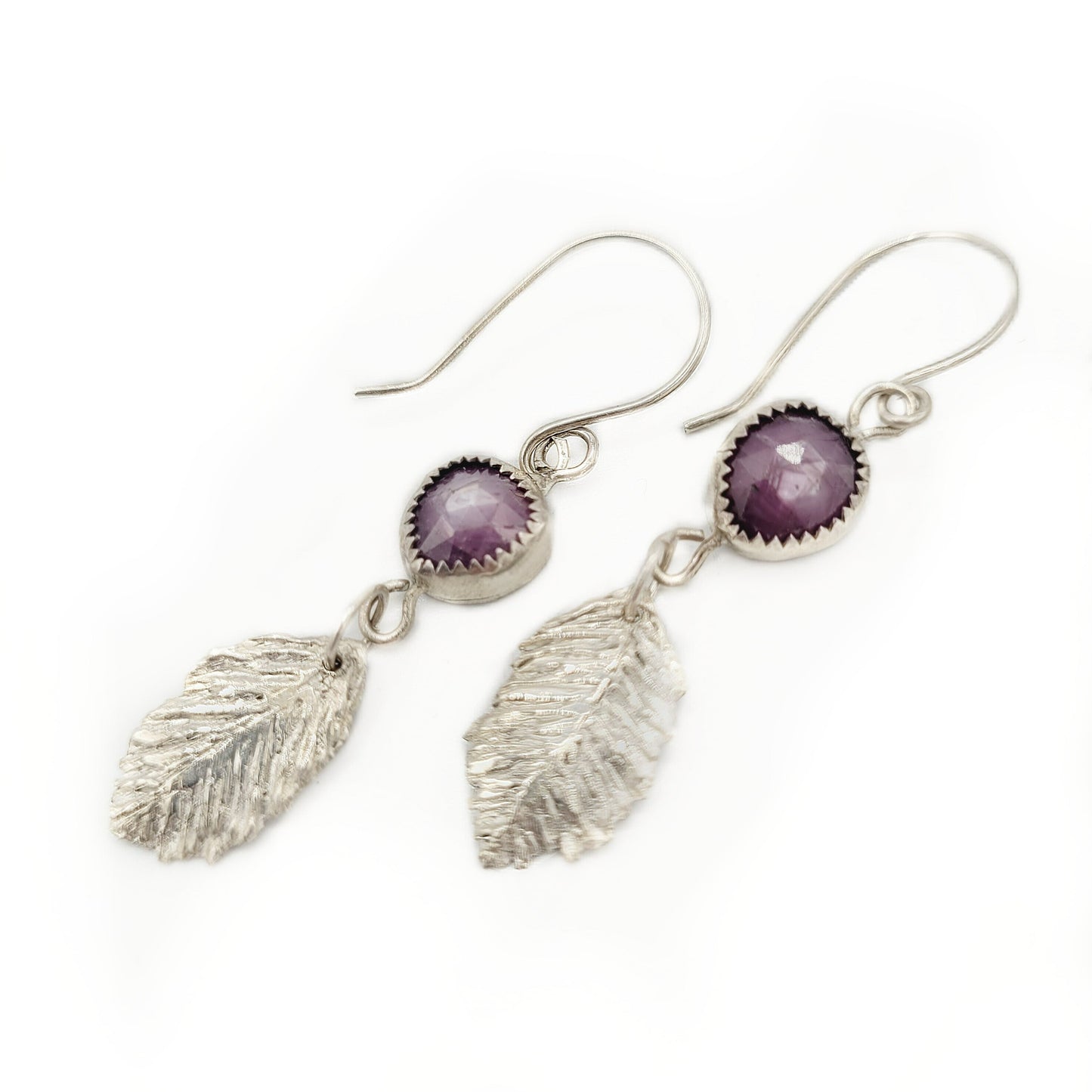 Sculpted Silver Feather Earrings - Pink Sapphires