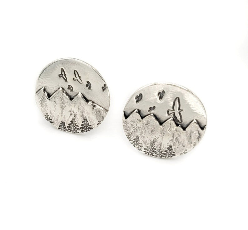 Cuff links - Mountains Birds and Trees - Sterling Silver
