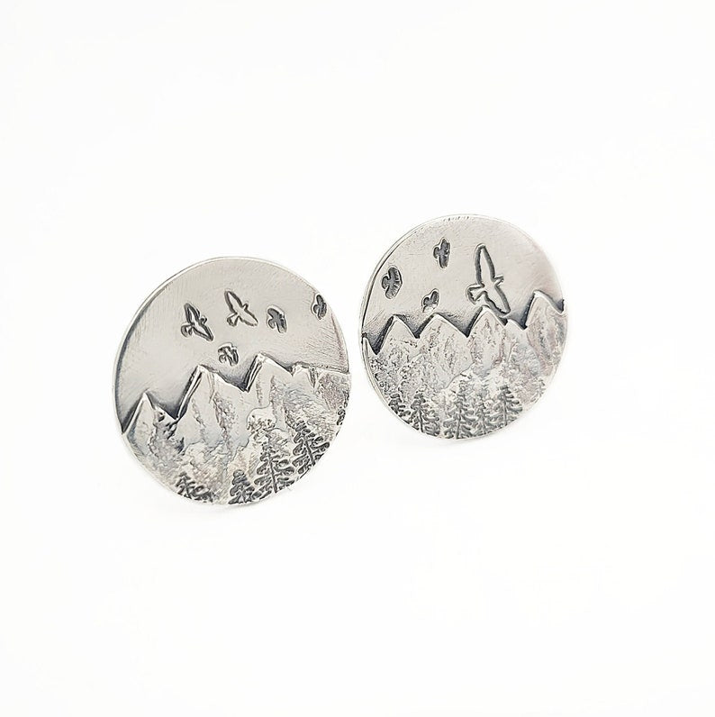 Cuff links - Mountains Birds and Trees - Sterling Silver